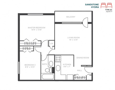 Floor plan for 2 beds, 1 bath, 707 sqft